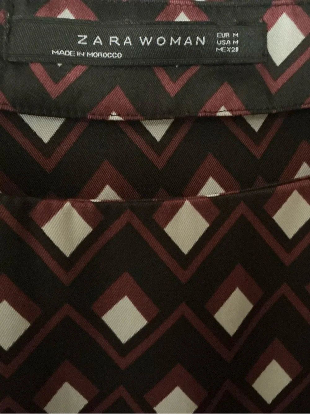 Zara  Geometric Satin Blouse with Feather Cuffs - Black and Burgundy - Size M - Picture 5 of 5